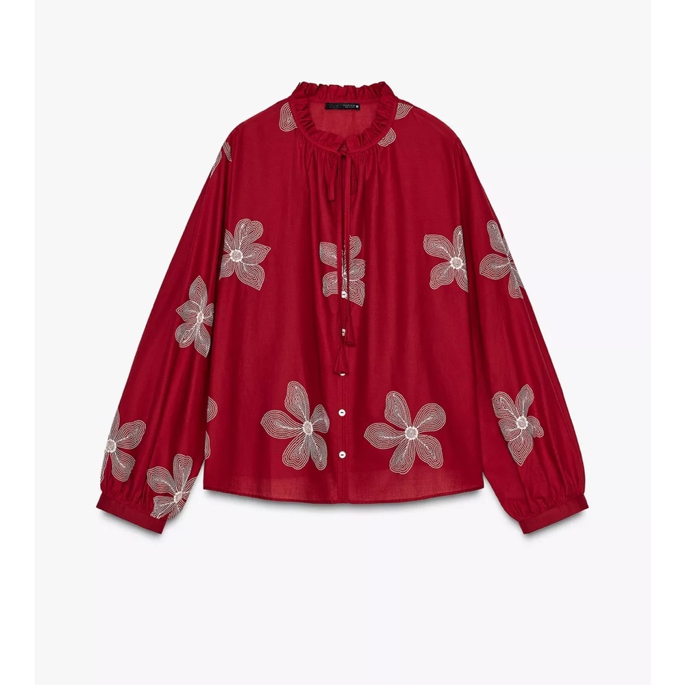 Zara 2025 embroidered cotton Red Floral Button-Up Blouse shirt small